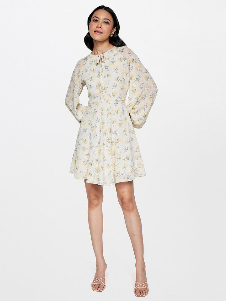 AND Floral Print Tie-Up Neck Puff Sleeve Fit & Flare Dress