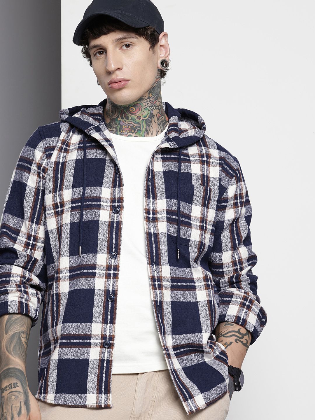 The Indian Garage Co Men Regular Fit Checked Casual Hooded Overshirt