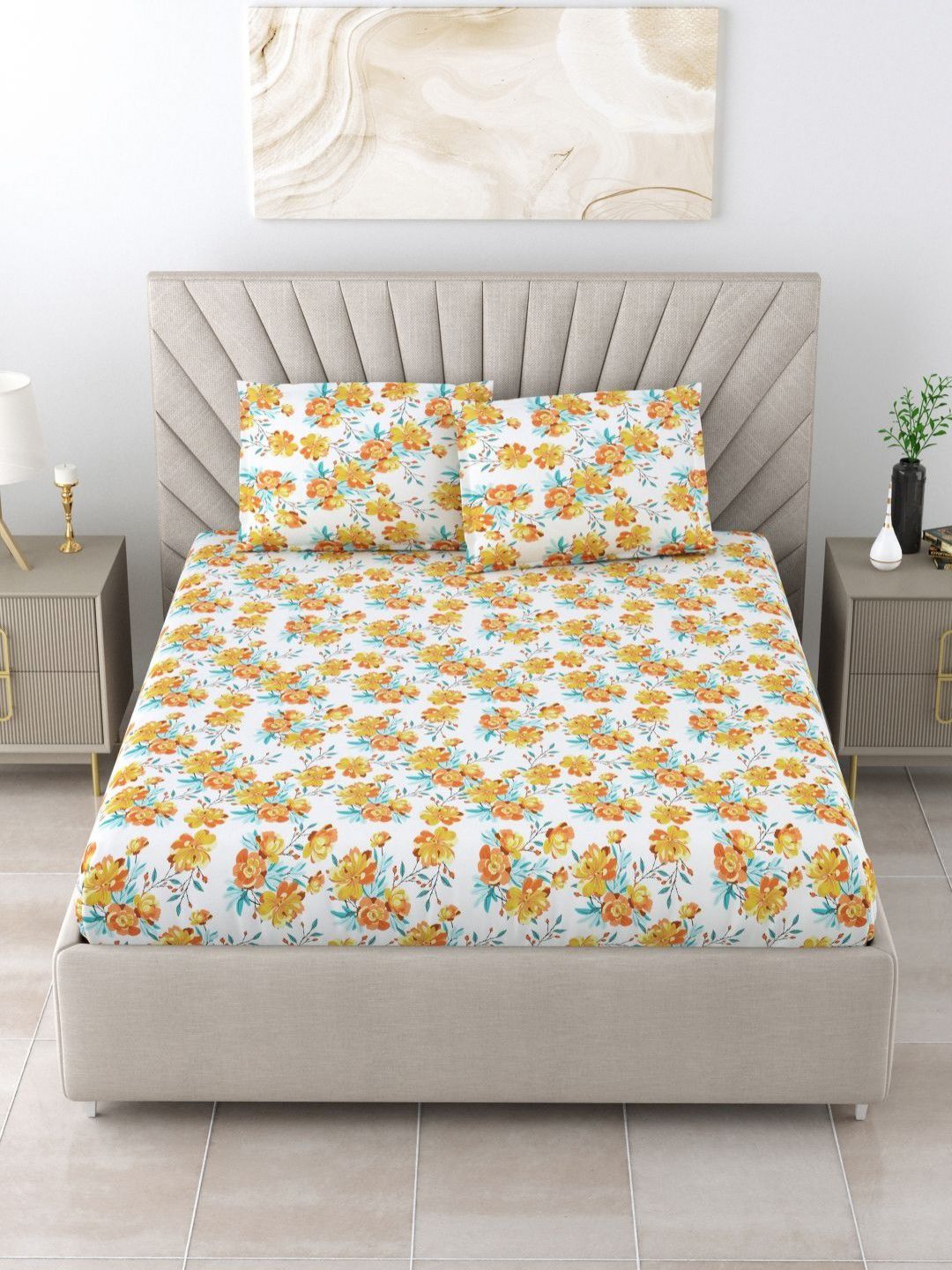 BOMBAY DYEING Florentine Brown Floral Pure Cotton 144TC Queen Bedsheet Set 2.28 m X 2.54 m