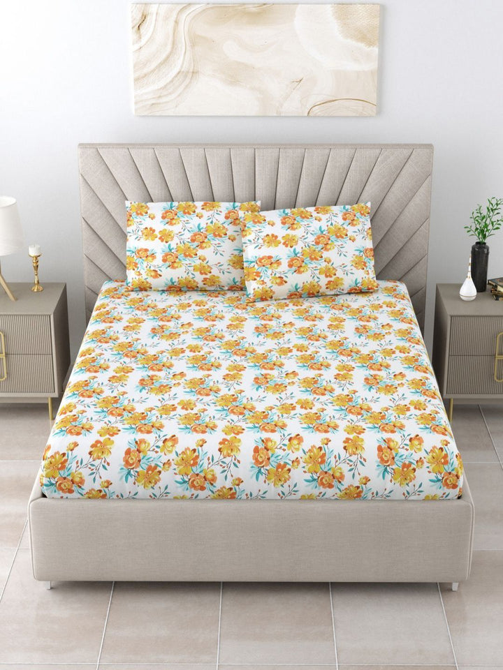 BOMBAY DYEING Florentine Brown Floral Pure Cotton 144TC Queen Bedsheet Set 2.28 m X 2.54 m