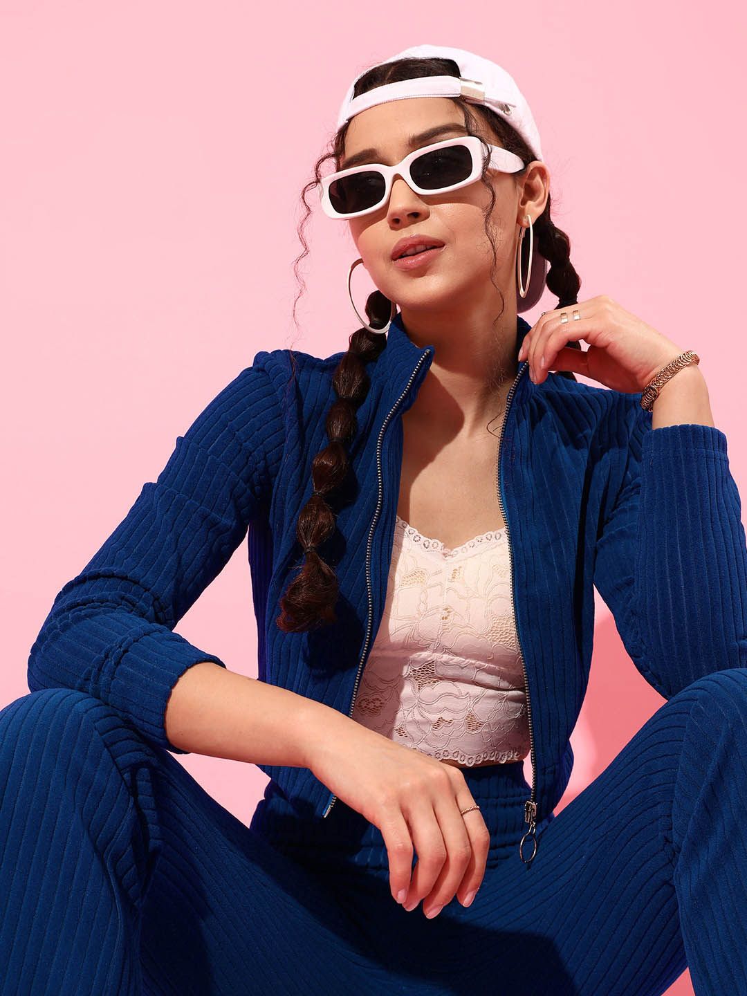 STREET 9 Women Blue Striped Crop Tailored Jacket