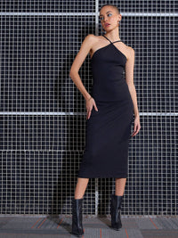 SASSAFRAS Black Halter Neck Bodycon Midi Dress