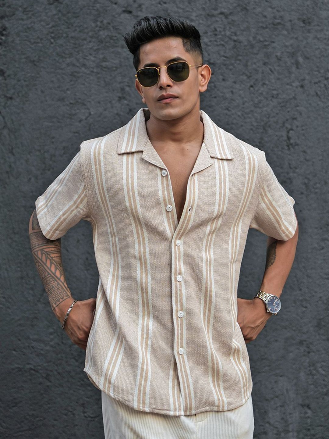 Powerlook Men Striped Cuban Collar Casual Shirt