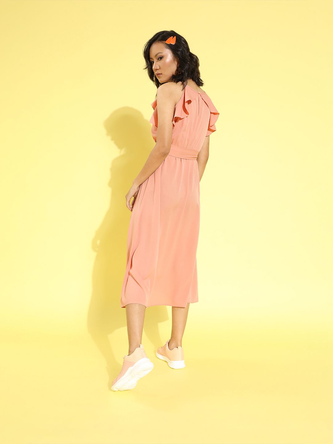 Berrylush Pink Solid Ruffle Detail Dress