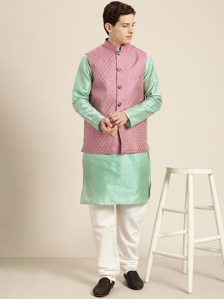 SOJANYA Lelaki Sea Green & Beige Thread Work Straight Kurta Churidar dengan Jaket Nehru