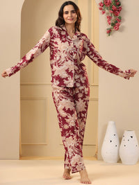 SANSKRUTIHOMES Maroon & Beige Floral Printed Pure Cotton Night Suit