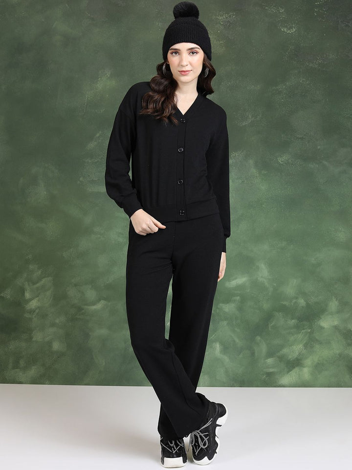 Tokyo Talkies Cardigan Sweater With Crop Top Wide Leg Trousers