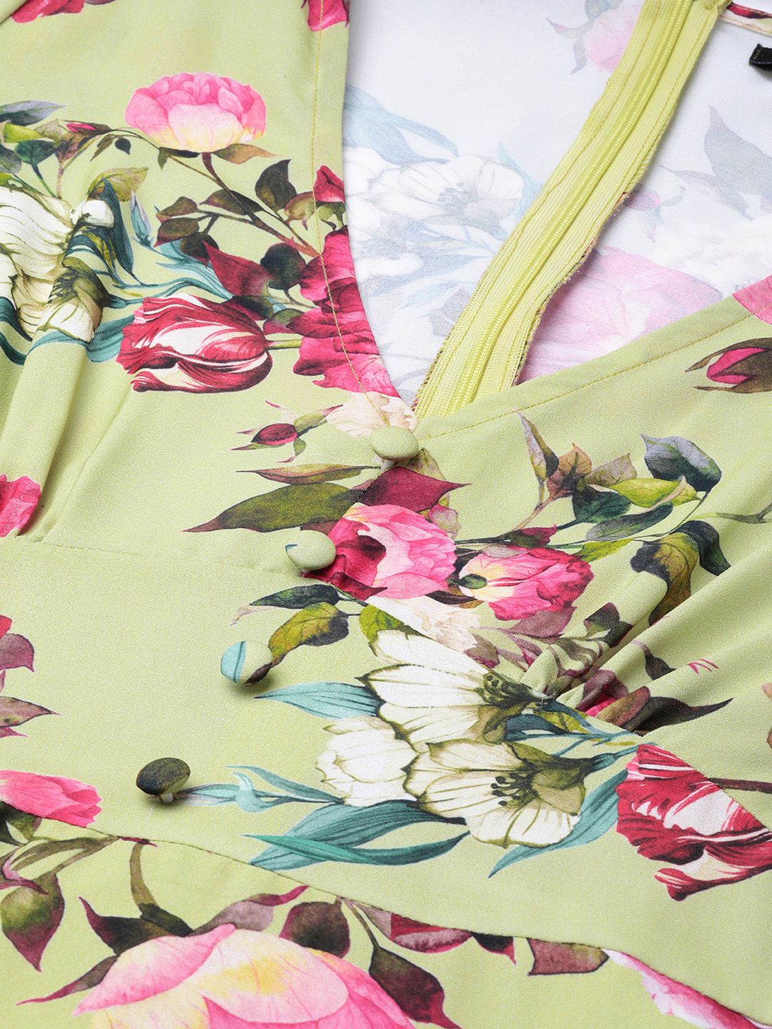 SASSAFRAS Lime Green & Pink Floral Printed Maxi Dress