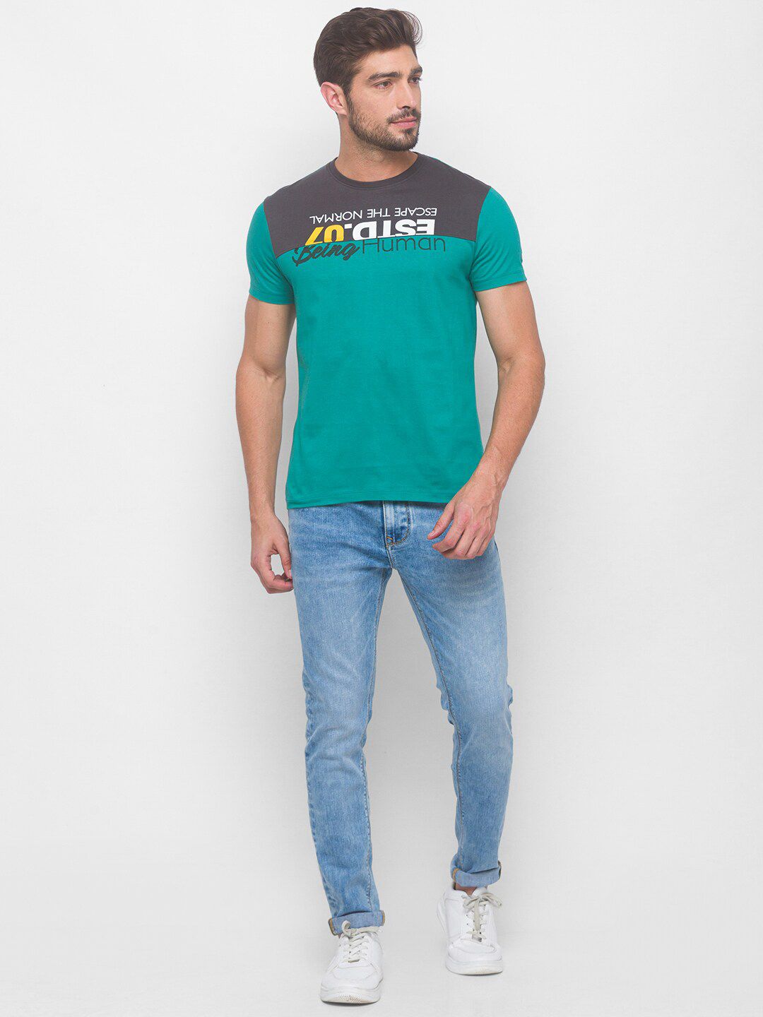 Being Human Men Green & Grey Typography Printed T-shirt