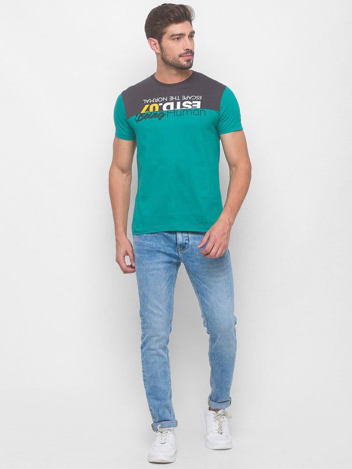 Being Human Men Green & Grey Typography Printed T-shirt