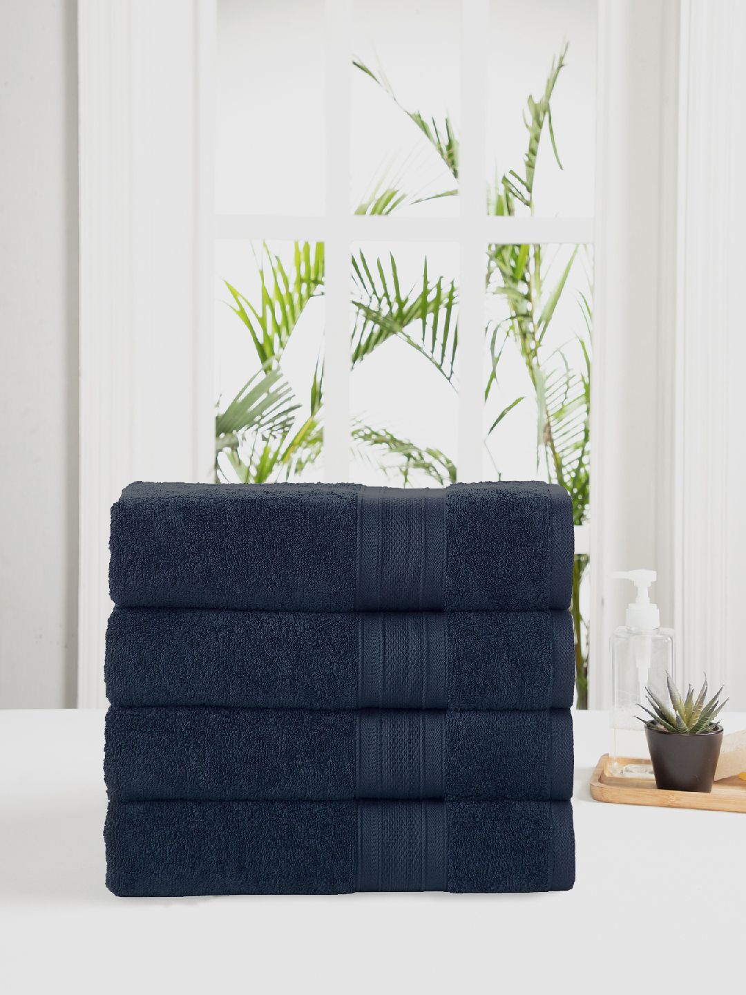 MYTRIDENT Set of 4 Navy Blue 500 GSM Striped Pure Cotton Face Towels
