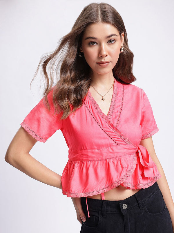 DressBerry Lace Insert Detail Crop Wrap Top