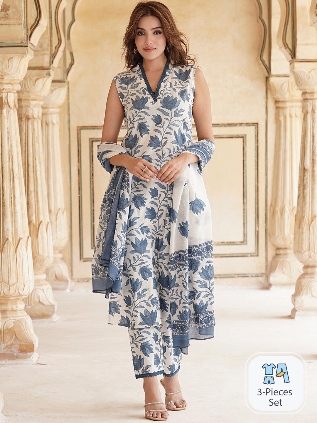 KALINI Floral Printed V-Neck Pure Cotton Straight Kurta & Trousers With Dupatta