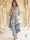 KALINI Floral Printed V-Neck Pure Cotton Straight Kurta & Trousers With Dupatta