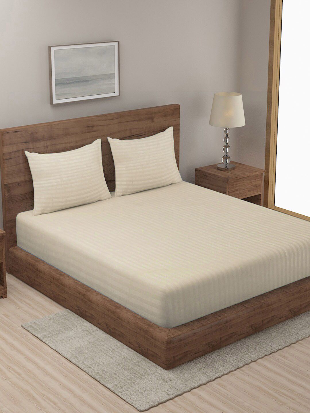 KLOTTHE Cream Striped Cotton 300 TC King Fine Bedsheet with 2 Pillow Covers-98 x 87 inches
