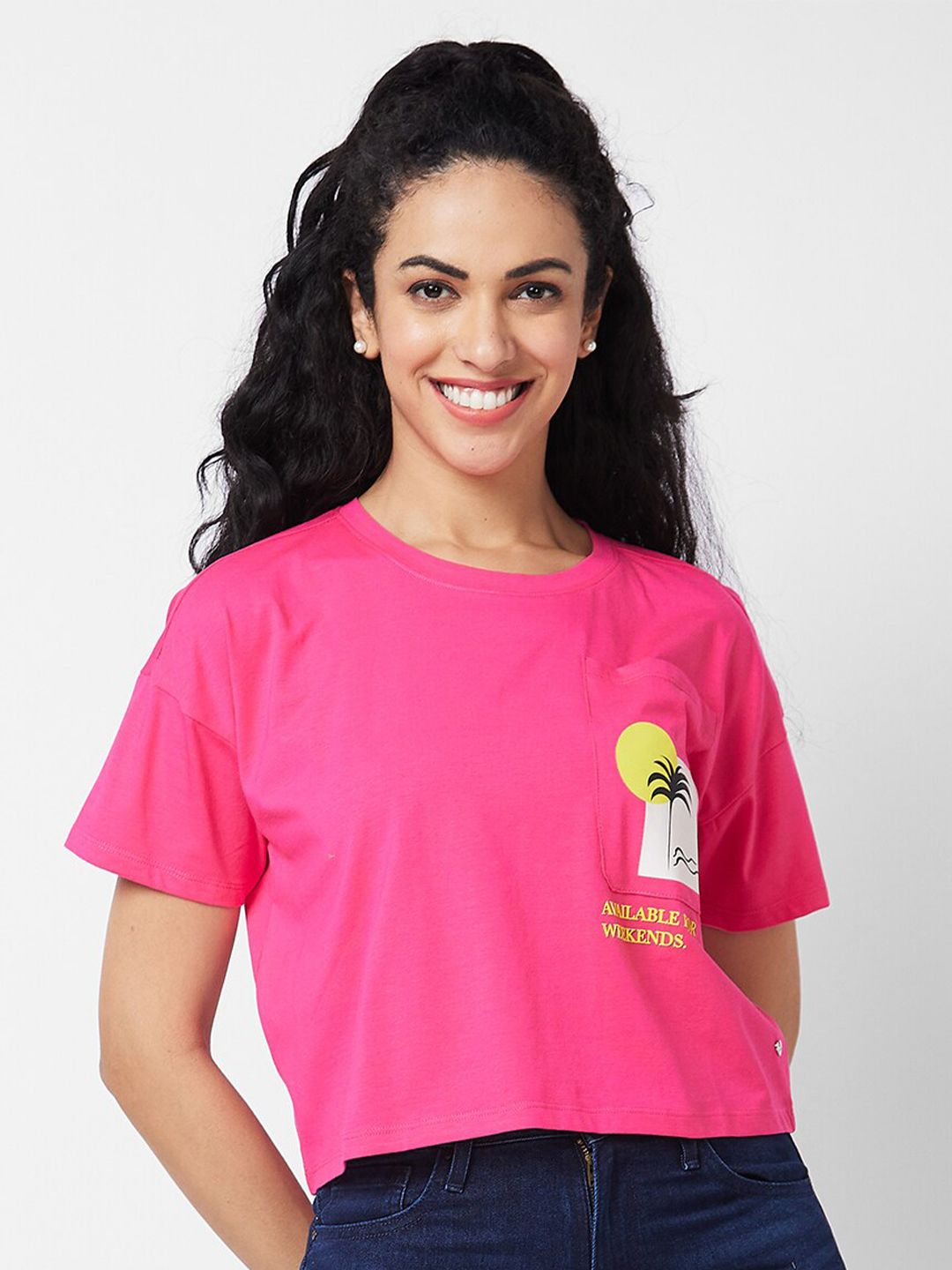 SPYKAR Graphic Printed Round Neck Cotton Pocket Boxy T-shirt