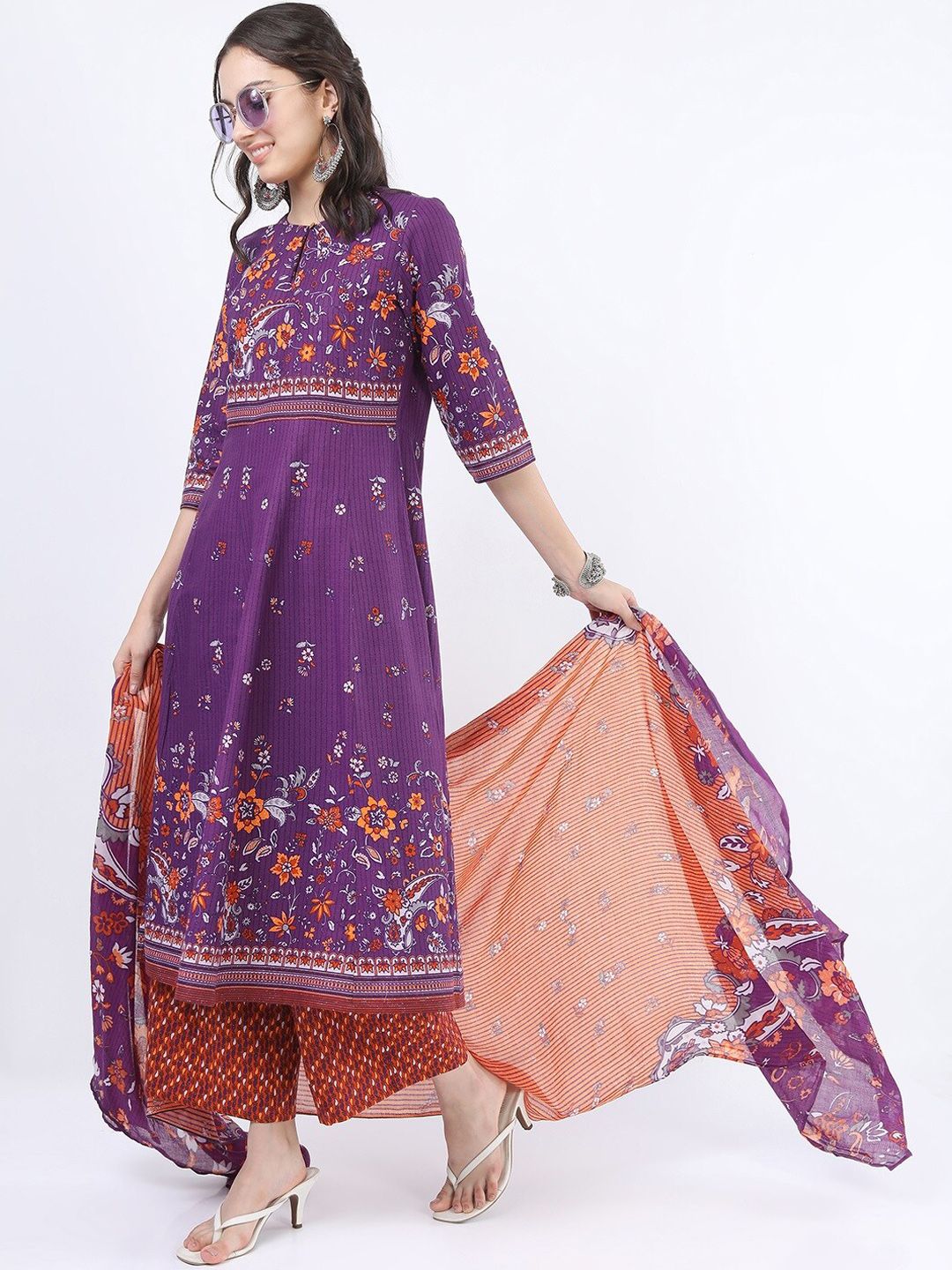 Vishudh Women Purple Ethnic Motifs Printed Panelled Pure Cotton Kurta with Palazzos & With Dupatta