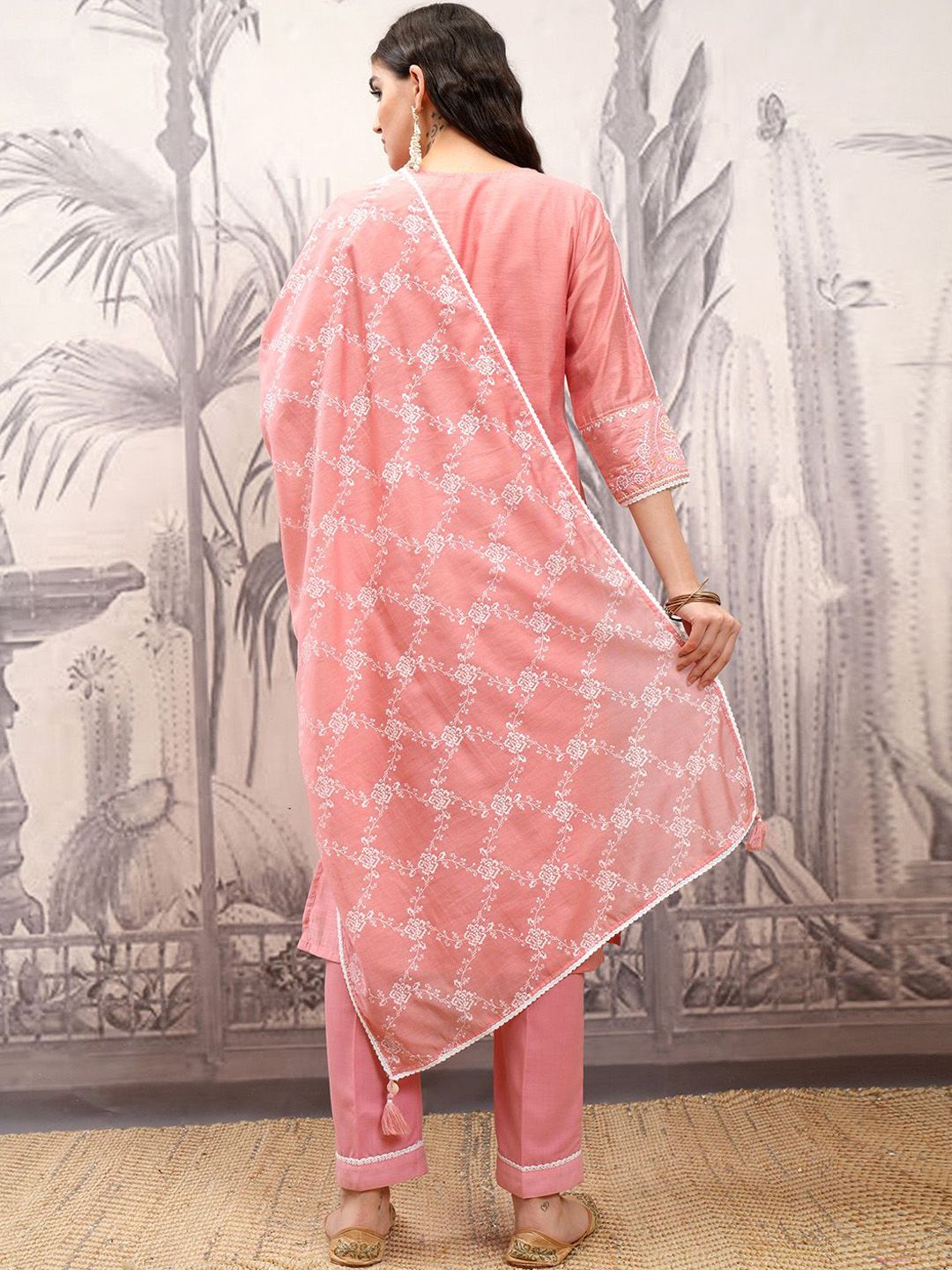 Vishudh Pink Floral Printed V-Neck Pure Cotton Straight Kurta With Trousers & Dupatta