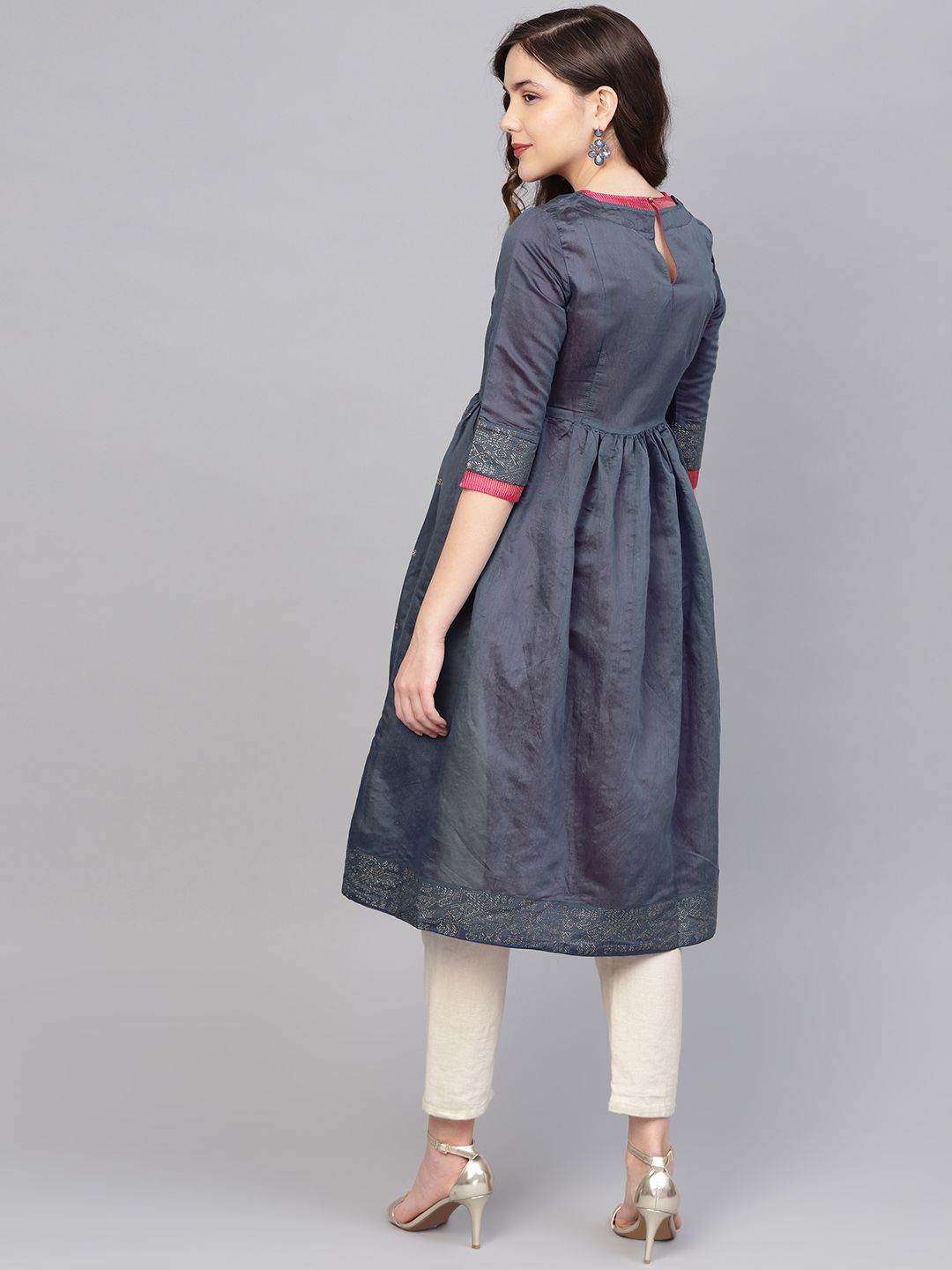 W Women Navy Blue Printed A-Line Kurta
