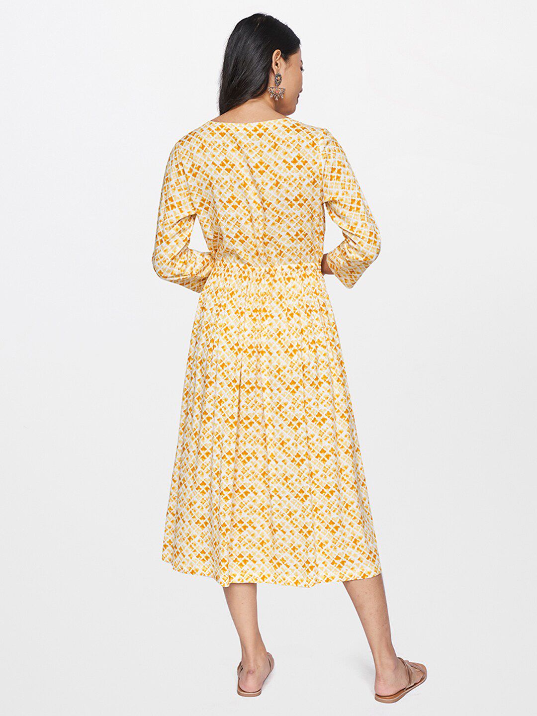 Global Desi Yellow Floral Layered A-Line Midi Dress