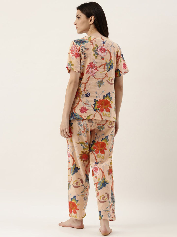 SANSKRUTIHOMES Women Beige Pure Cotton Floral Print Pyjama Set