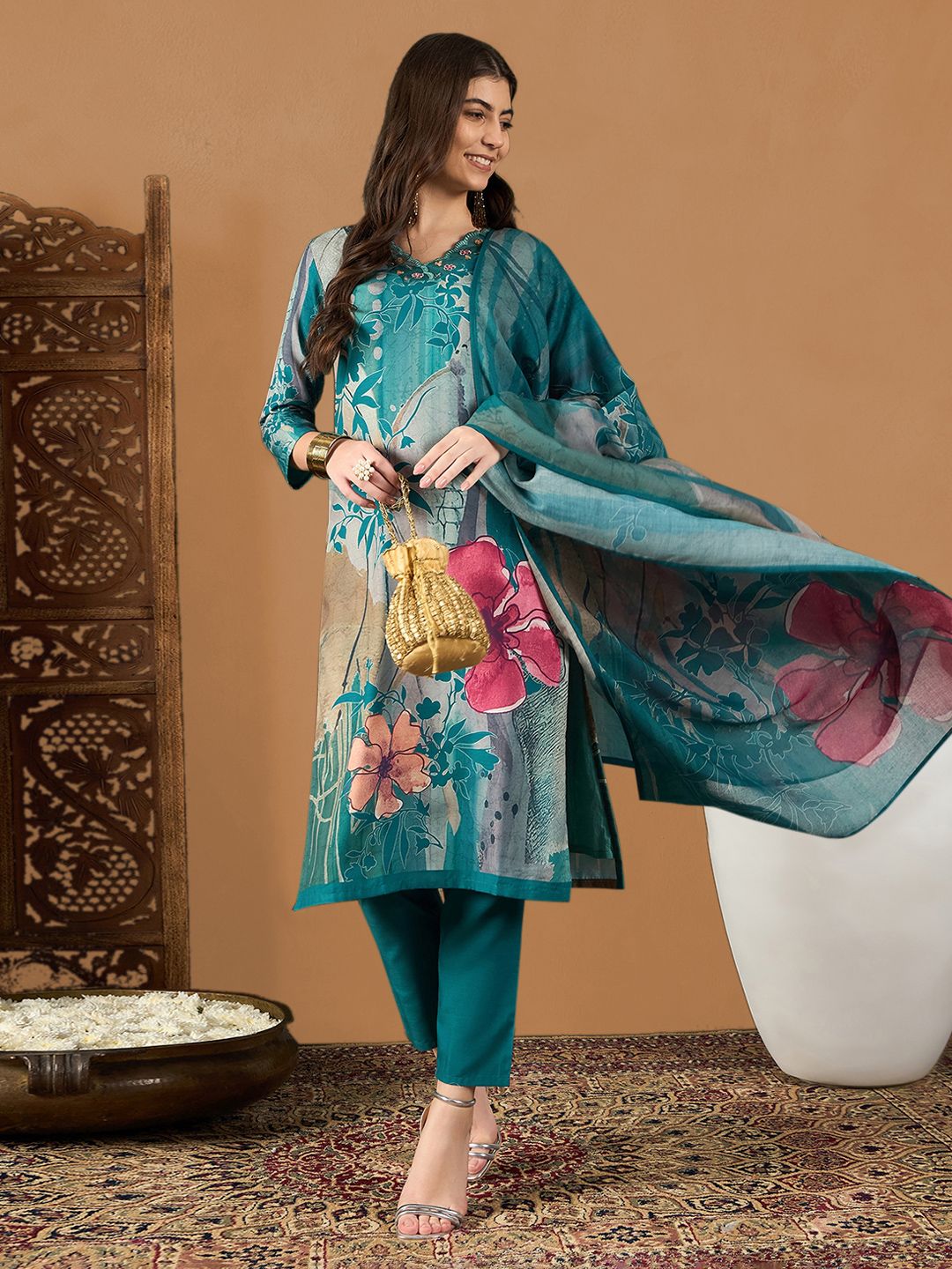 KALINI Floral Printed Thread Work Straight Kurta With Trousers & Dupatta
