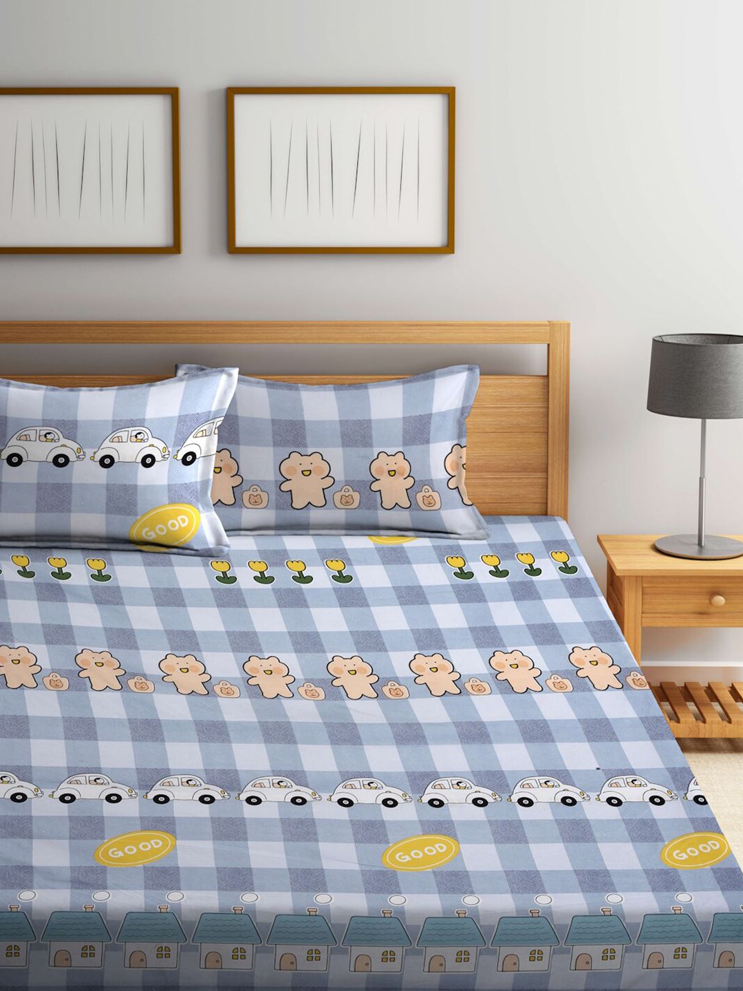 KLOTTHE Blue Conversational Polycotton 300 TC Dilengkapi Cadar King dengan 2 Sarung Bantal-98 x 89 inci