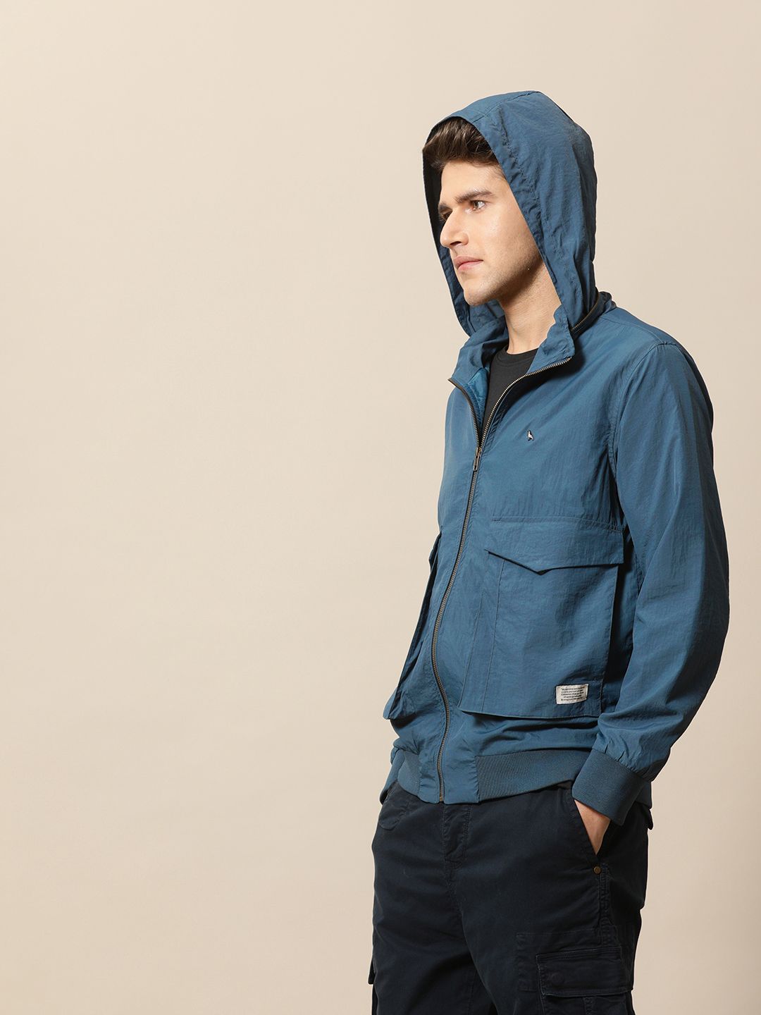 Mr Bowerbird Men Navy Blue Lightweight Solid Hooded Bomber Jacket