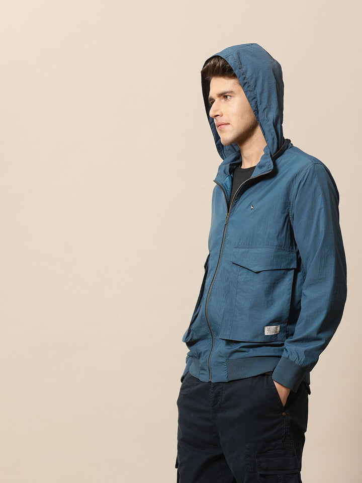 Mr Bowerbird Men Navy Blue Lightweight Solid Hooded Bomber Jacket