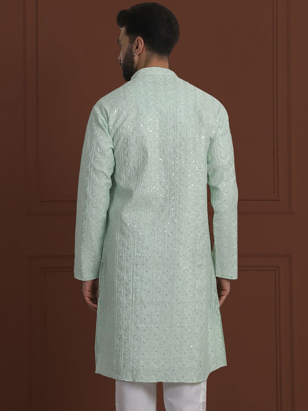 SOJANYA LUXE Sulam Bunga Labuci Mandarin Kolar Kapas Kurta Lurus Sutera