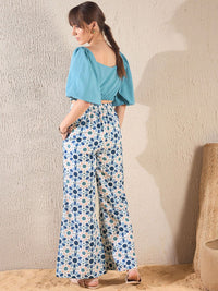 SASSAFRAS Teal Blue Puff Sleeves V-Neck Crop Top & Trouser