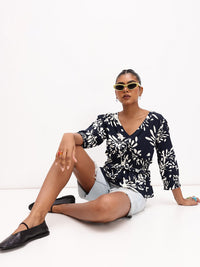 DressBerry Vacation-Inspired Tropical Print V-Neck Peplum Top