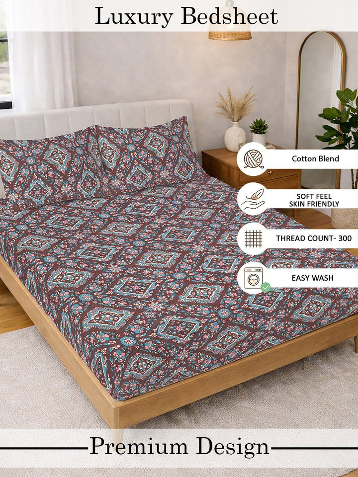 Myntra Elegant Homes Coklat Floral 300 TC Cadar dengan 2 Sarung Bantal