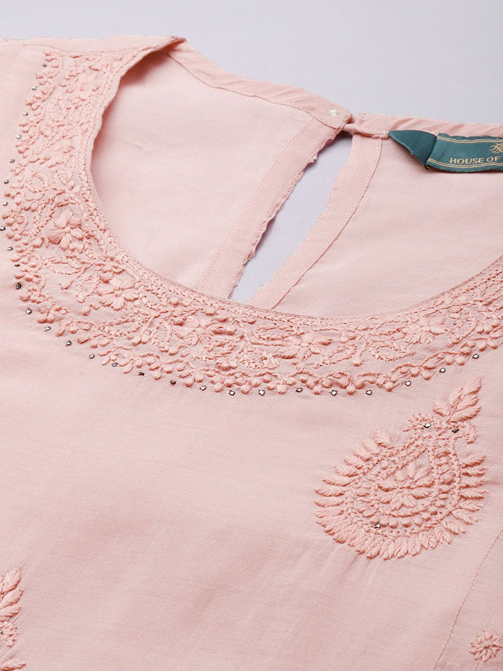 House of Pataudi Floral Chikankari Embroidered flared Jashn Kurta with Palazzo & Dupatta
