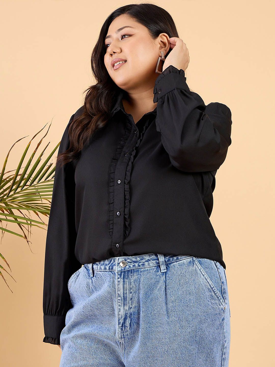 CURVY STREET Plus Size Comfort Opaque Frilled Casual Shirt