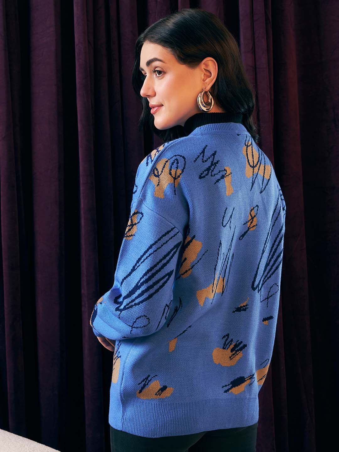 Berrylush Abstract Printed V-Neck Cardigan