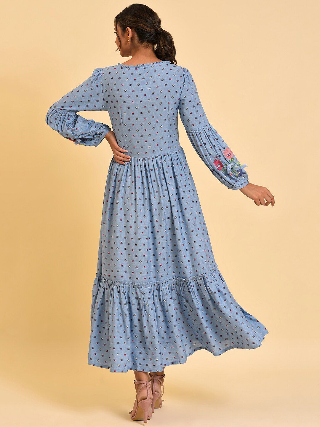 W Blue Floral Printed Smocked Maxi Dress