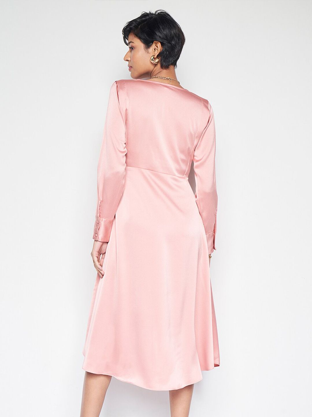 AND V-Neck Long Cuffed Sleeves Midi Dress