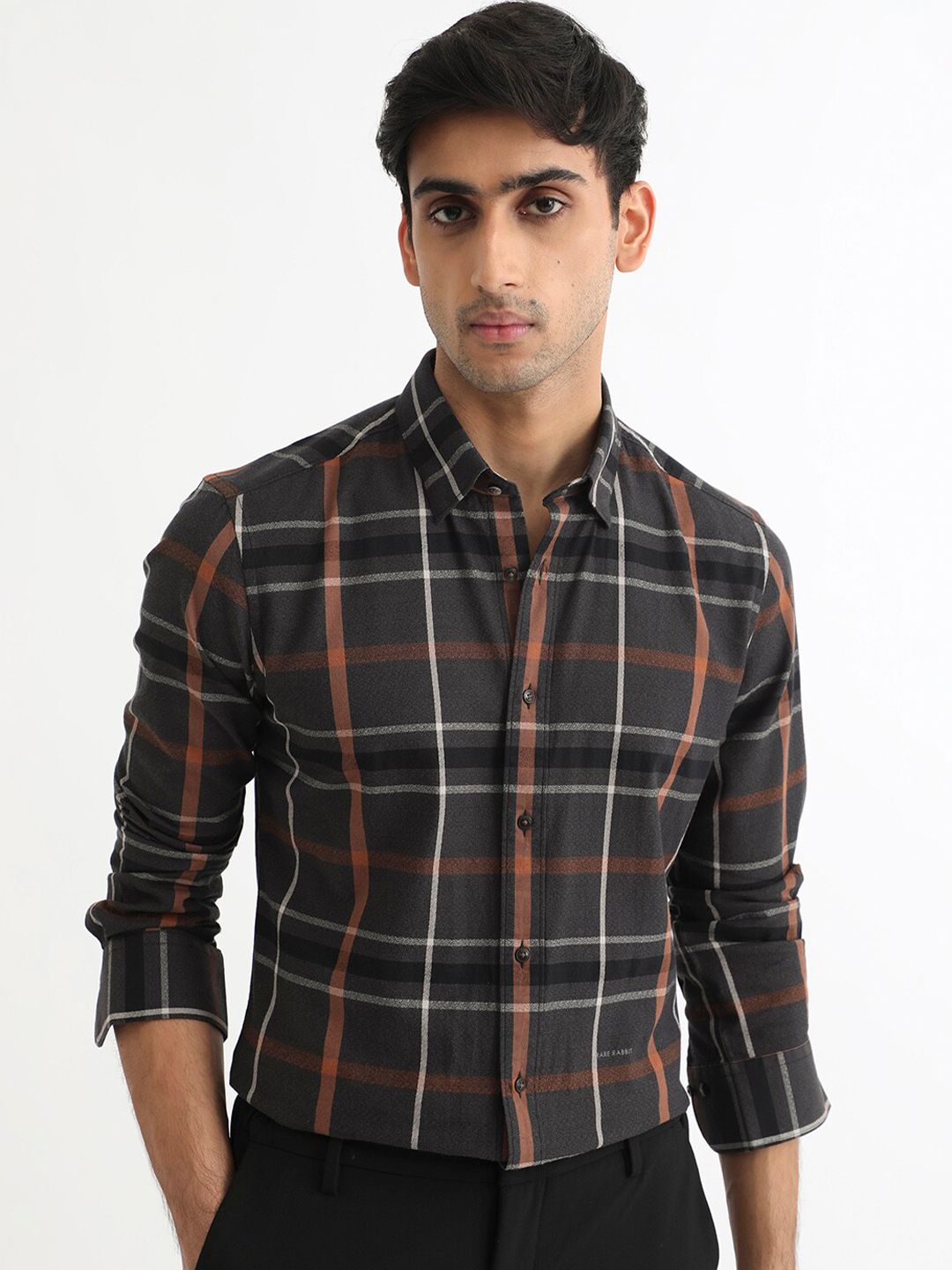 RARE RABBIT Men Keller Checked Slim Fit Spread Collar Cotton Shirt