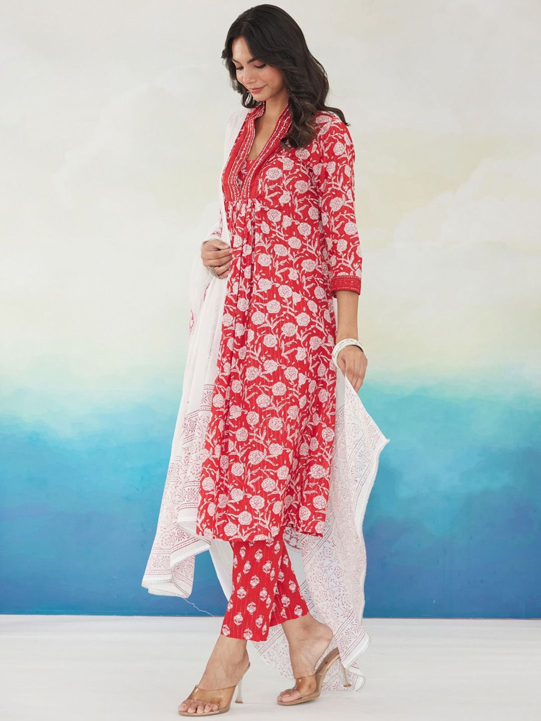 Indo Era Women Floral Printed Pleated Beads and Stones Pure Cotton Kurta with Trousers & With Dupatta