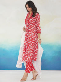 Indo Era Women Floral Printed Pleated Beads and Stones Pure Cotton Kurta with Trousers & With Dupatta