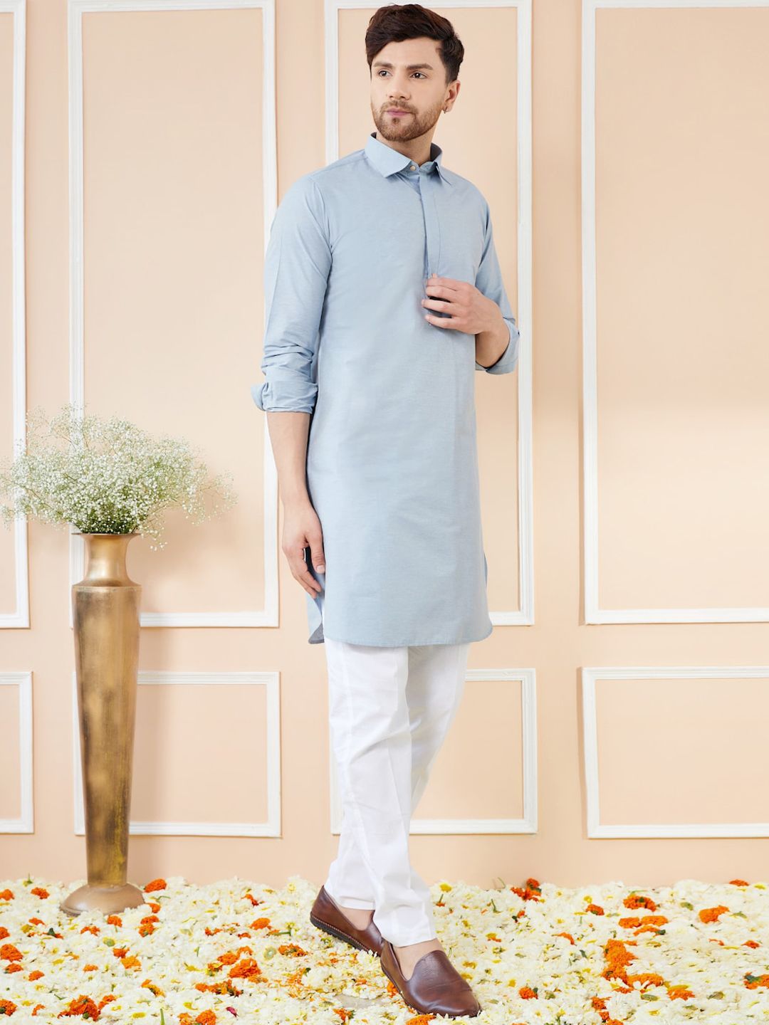 See Designs Regular Long Sleeves Shirt Collar Pure Cotton Kurta with Pyjamas