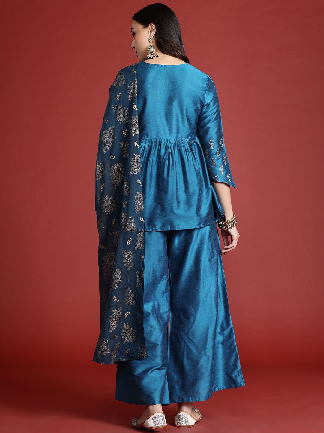 Anouk Tyohar Collection Paisley Print Pleated Kurti with Palazzos & Dupatta