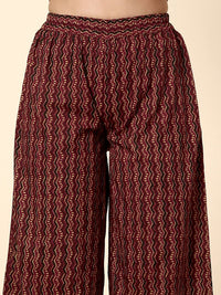 Anouk Maroon & Green Ethnic Printed Pure Cotton Straight Kurta With Palazzos & Dupatta