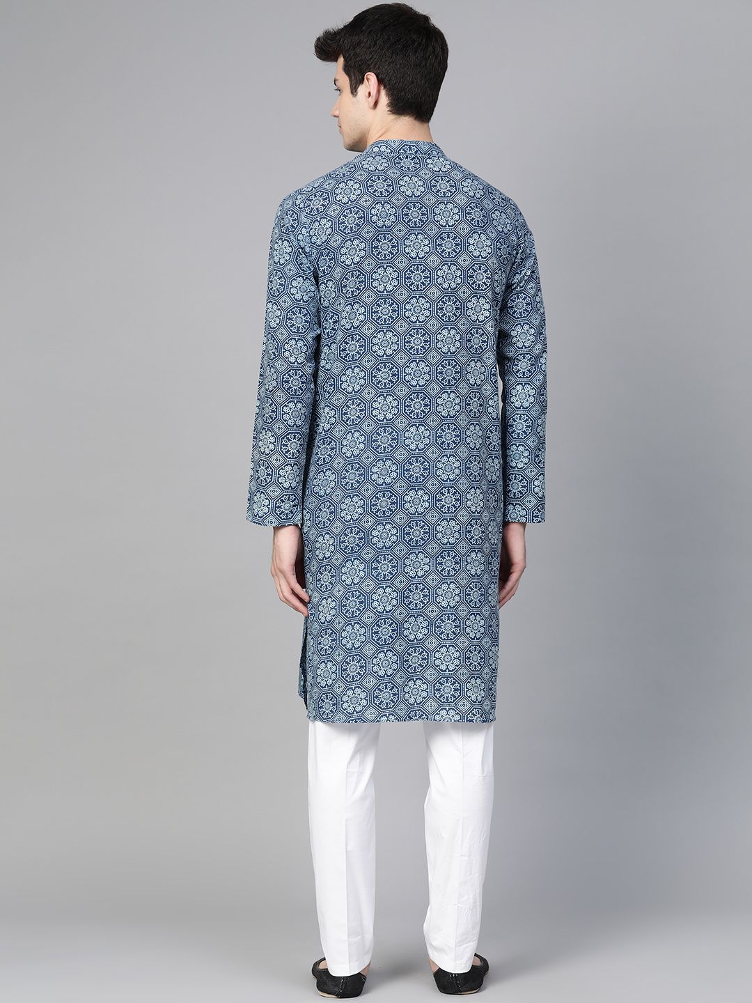 See Designs Men Navy Blue & White Handloom Handblock Print Sustainable Straight Kurta