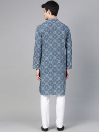 See Designs Men Navy Blue & White Handloom Handblock Print Sustainable Straight Kurta