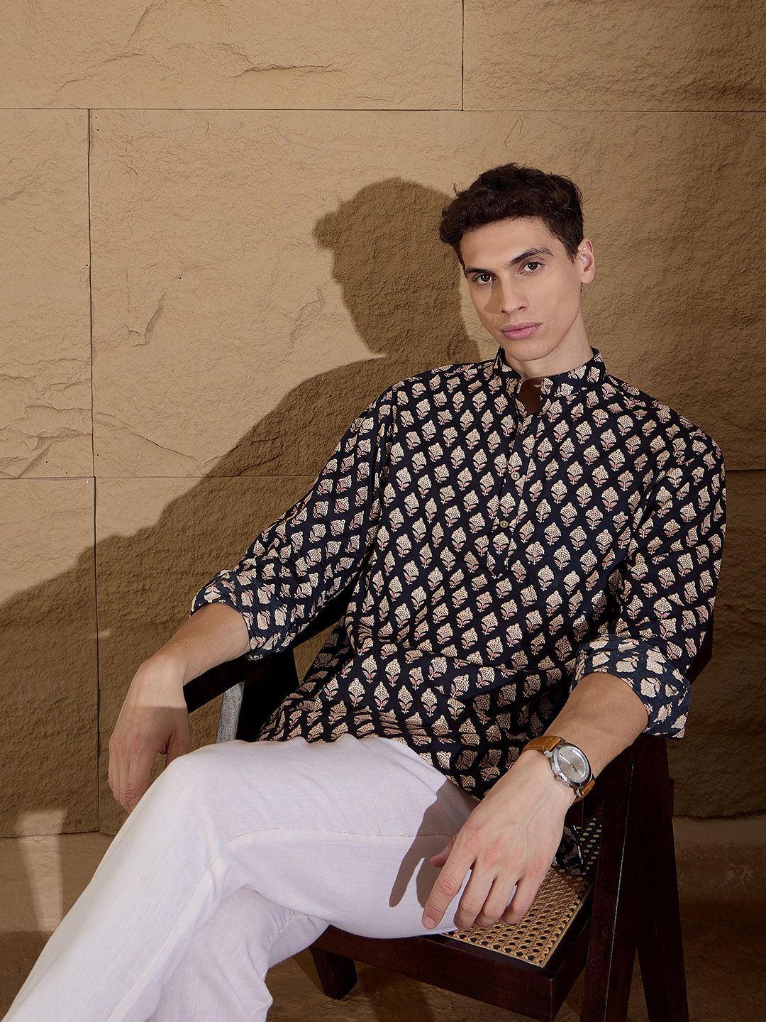 Dennison Floral Printed Band Collar Cotton Pure Straight Kurta