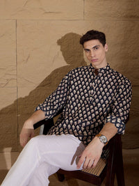 Dennison Floral Printed Band Collar Cotton Pure Straight Kurta