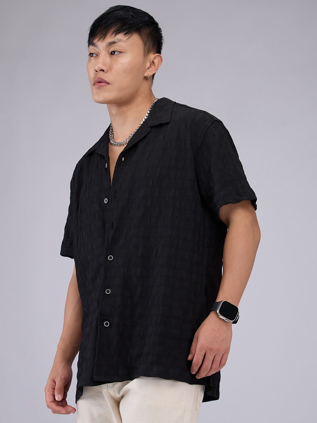 VASTRADO Men Classic Cuban Collar Textured Oversized Casual Shirt