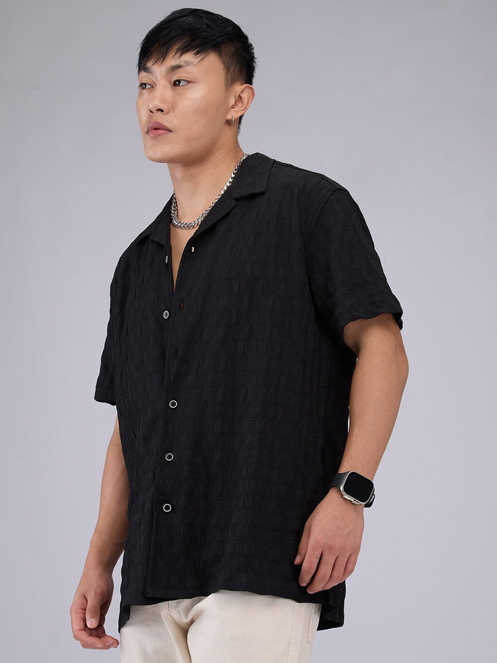 VASTRADO Men Classic Cuban Collar Textured Oversized Casual Shirt